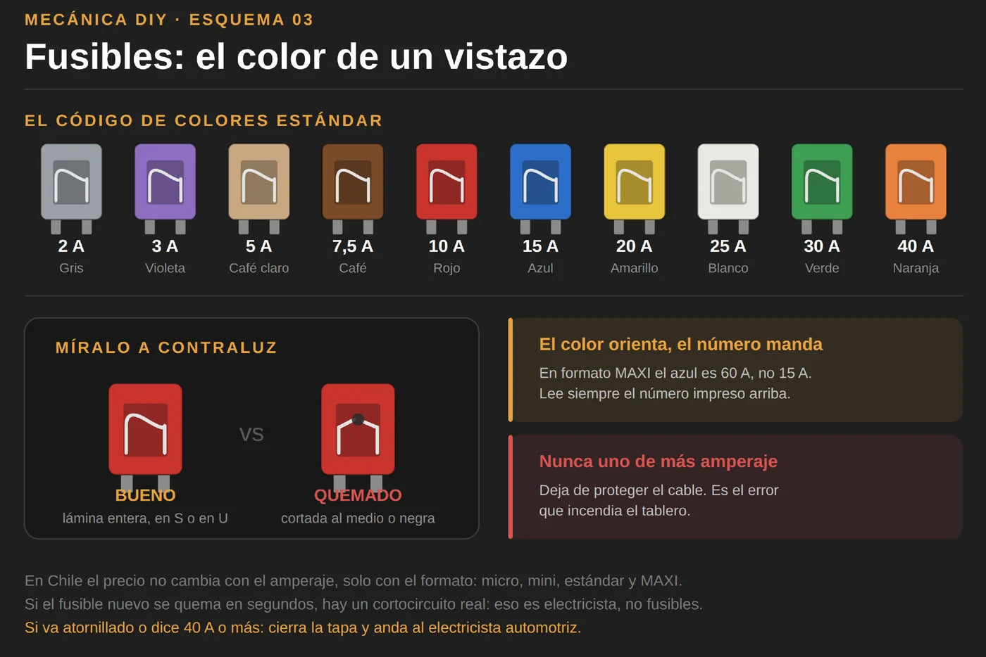Código de colores de los fusibles por amperaje